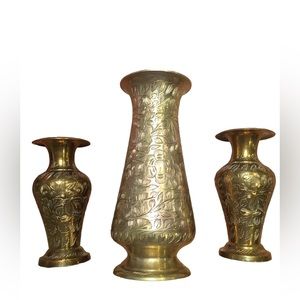 Vintage etched vases three piece set color brass